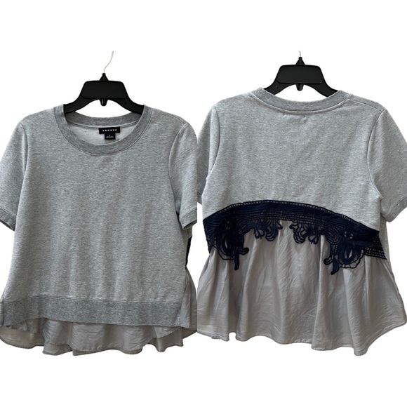 Trouvé gray shortsleeved sweatshirt with flowy hem and navy appliqué size M - Picture 1 of 7